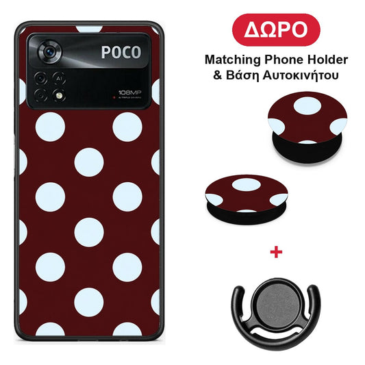 Pale Blue Large Polka Dots on Burgundy - Xiaomi Poco X4 Pro 5G θήκη + Δώρο Phone Holder & Βάση Αυτοκινήτου