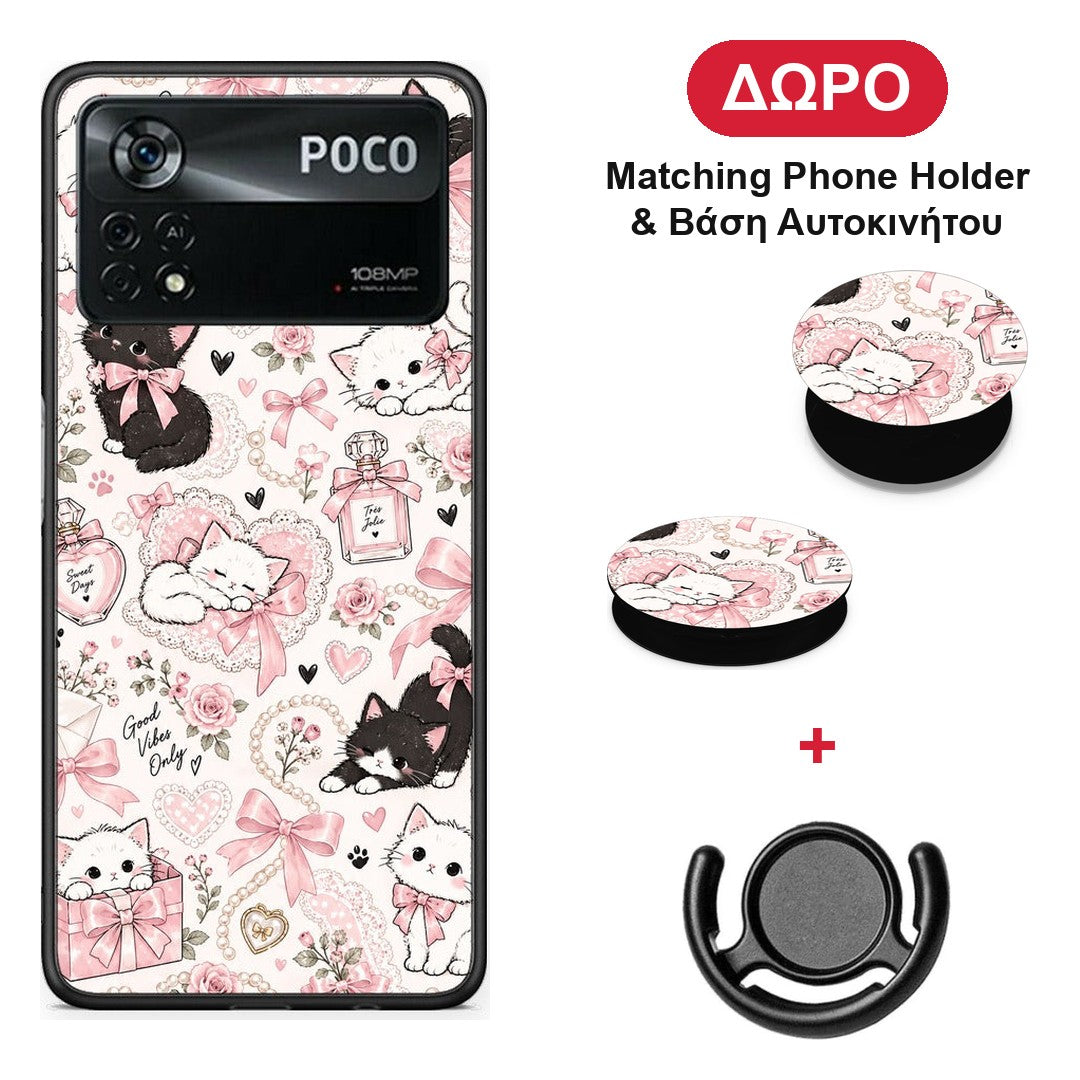 Pink Bows and Kittens Collage - Xiaomi Poco X4 Pro 5G θήκη + Δώρο Phone Holder & Βάση Αυτοκινήτου
