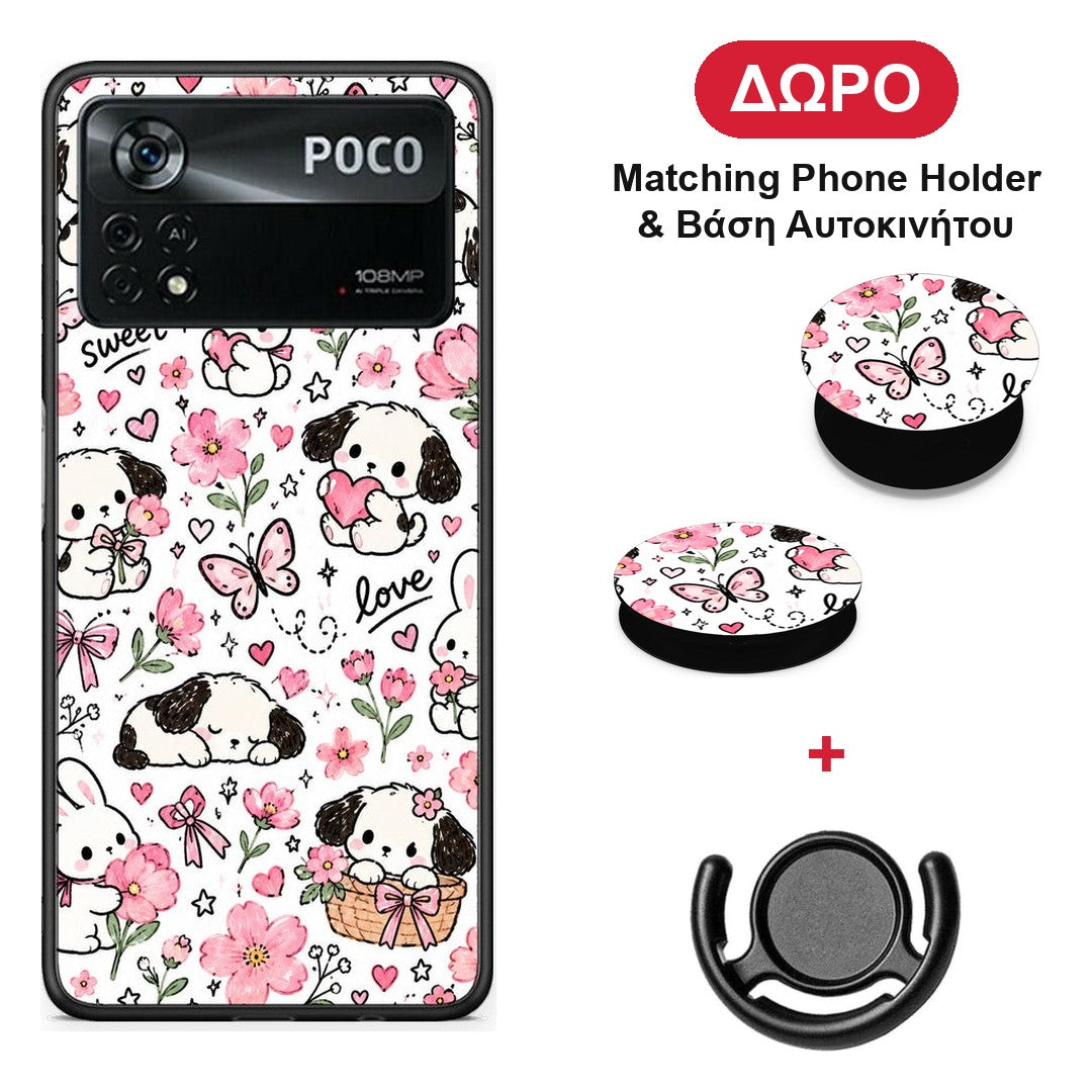 Pink Florals Puppies and Bunnies on White - Xiaomi Poco X4 Pro 5G θήκη + Δώρο Phone Holder & Βάση Αυτοκινήτου