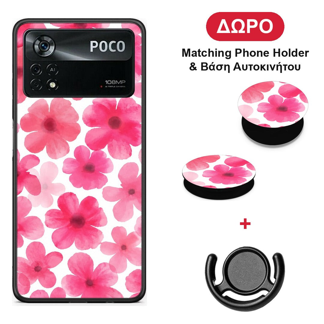 Pink Watercolour Flowers on White - Xiaomi Poco X4 Pro 5G θήκη + Δώρο Phone Holder & Βάση Αυτοκινήτου