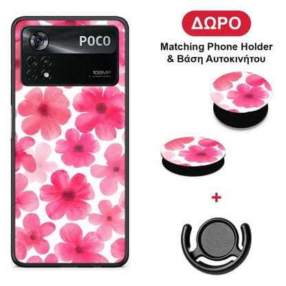 Pink Watercolour Flowers on White - Xiaomi Poco X4 Pro 5G θήκη + Δώρο Phone Holder & Βάση Αυτοκινήτου