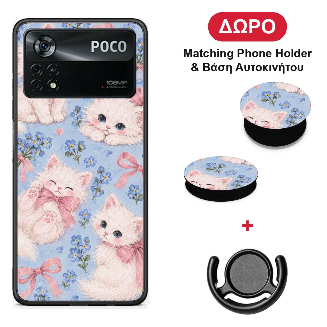White Kittens and Blue Flowers Large - Xiaomi Poco X4 Pro 5G θήκη + Δώρο Phone Holder & Βάση Αυτοκινήτου