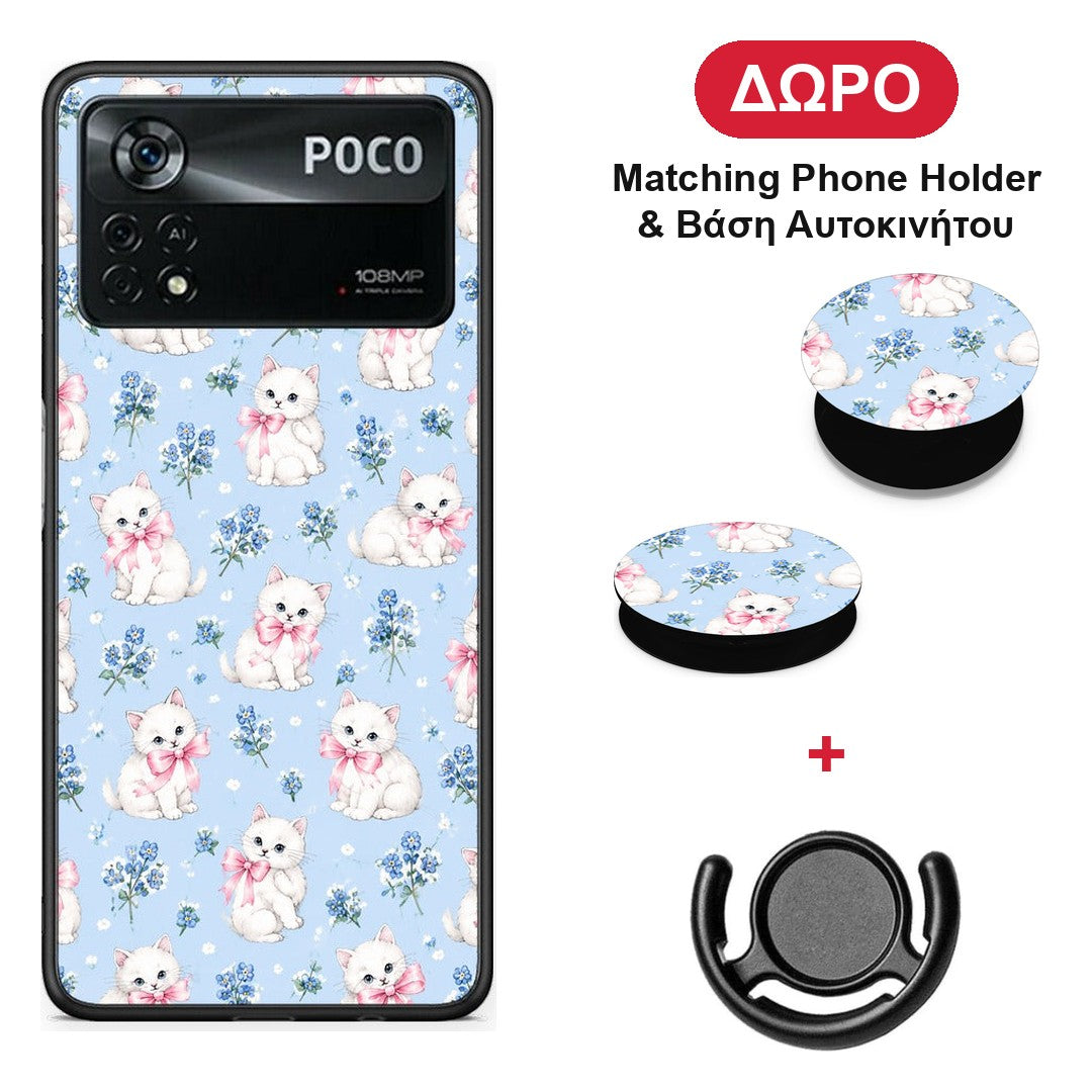 White Kittens and Blue Flowers Small - Xiaomi Poco X4 Pro 5G θήκη + Δώρο Phone Holder & Βάση Αυτοκινήτου