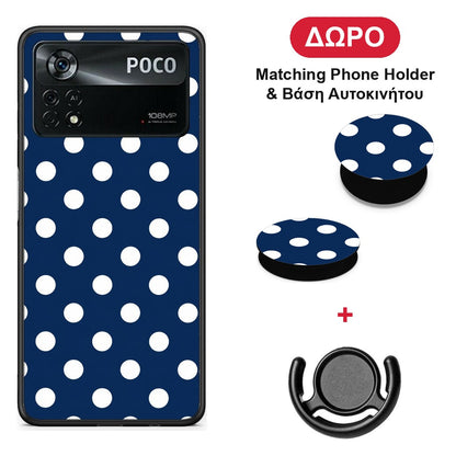 White Large Polka Dots on Navy - Xiaomi Poco X4 Pro 5G θήκη + Δώρο Phone Holder & Βάση Αυτοκινήτου