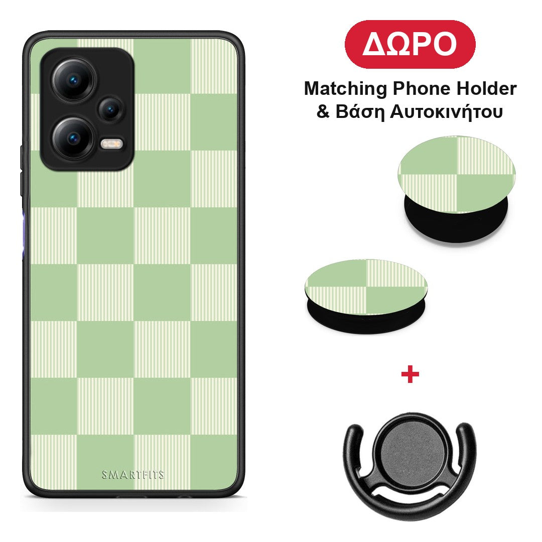 Sage and Cream Striped Checks - Xiaomi Poco X5 5G Dual θήκη + Δώρο Phone Holder & Βάση Αυτοκινήτου