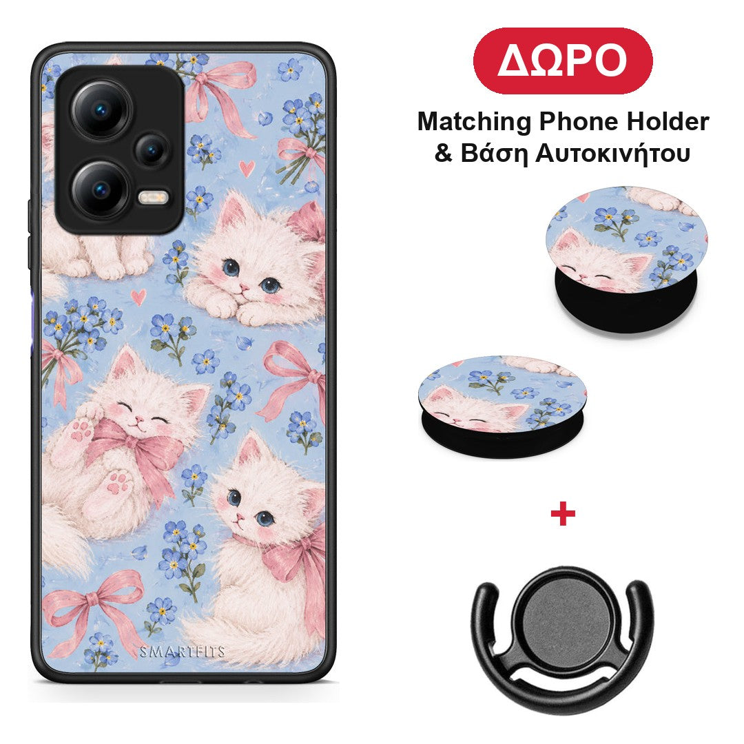 White Kittens and Blue Flowers Large - Xiaomi Poco X5 5G Dual θήκη + Δώρο Phone Holder & Βάση Αυτοκινήτου