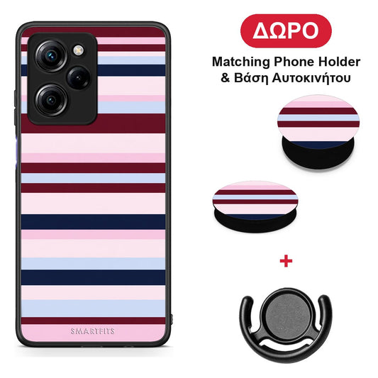 Burgundy Pink and Blue Horizontal Stripes - Xiaomi Poco X5 Pro 5G Dual θήκη + Δώρο Phone Holder & Βάση Αυτοκινήτου