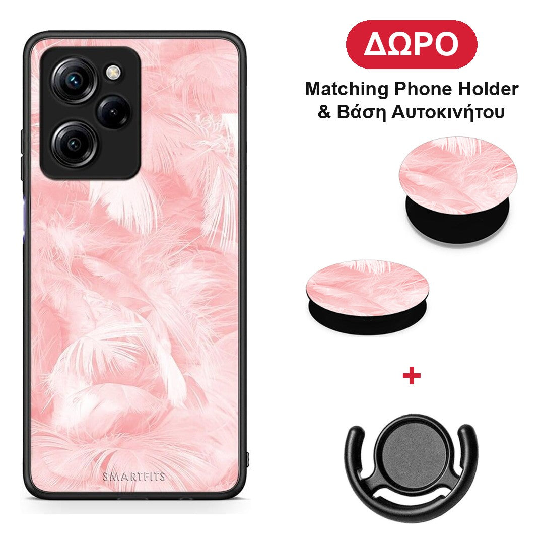 Boho Pink Feather - Xiaomi Poco X5 Pro 5G Dual θήκη + Δώρο Phone Holder & Βάση Αυτοκινήτου