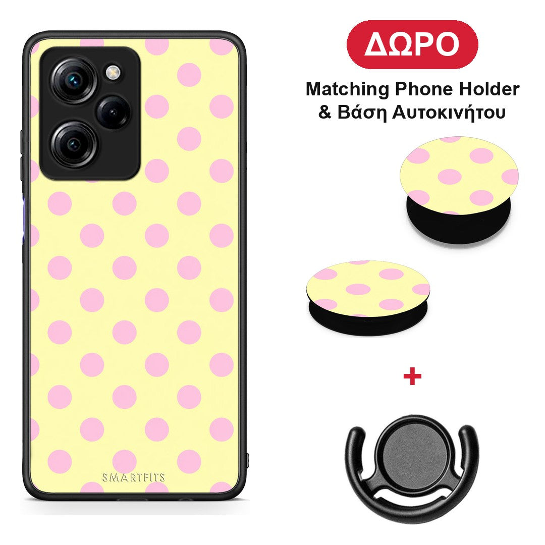 Pink Polka Dots on Yellow - Xiaomi Poco X5 Pro 5G Dual θήκη + Δώρο Phone Holder & Βάση Αυτοκινήτου