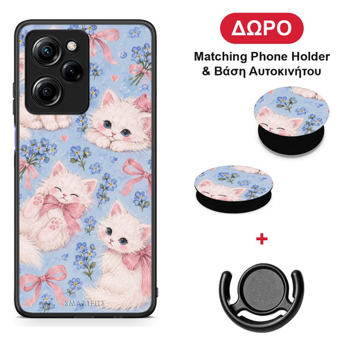 White Kittens and Blue Flowers Large - Xiaomi Poco X5 Pro 5G Dual θήκη + Δώρο Phone Holder & Βάση Αυτοκινήτου