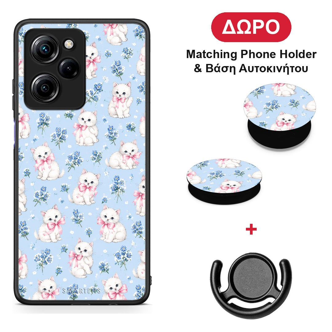 White Kittens and Blue Flowers Small - Xiaomi Poco X5 Pro 5G Dual θήκη + Δώρο Phone Holder & Βάση Αυτοκινήτου