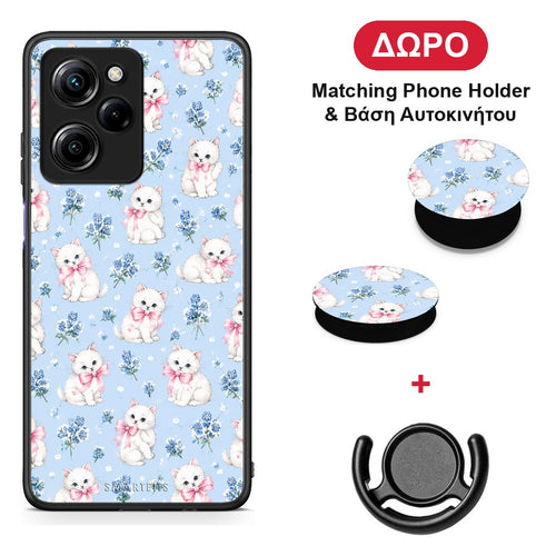 White Kittens and Blue Flowers Small - Xiaomi Poco X5 Pro 5G Dual θήκη + Δώρο Phone Holder & Βάση Αυτοκινήτου