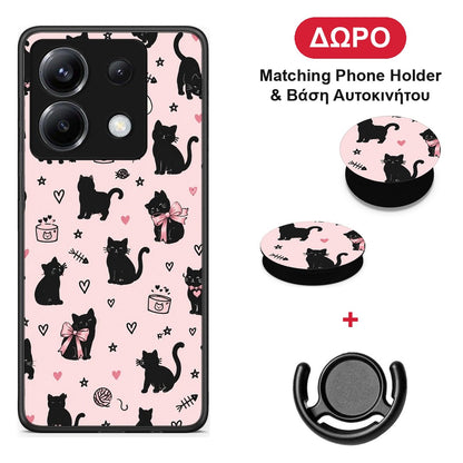 Black Cat Doodles on Pink - Xiaomi Poco X6 θήκη + Δώρο Phone Holder & Βάση Αυτοκινήτου
