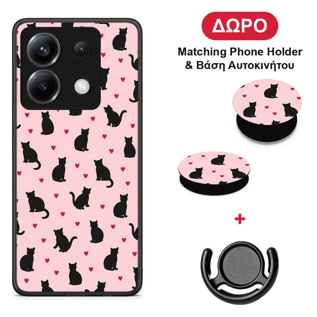 Black Cat Silhouettes and Hearts on Pink - Xiaomi Poco X6 θήκη + Δώρο Phone Holder & Βάση Αυτοκινήτου