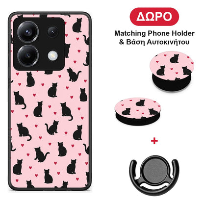 Black Cat Silhouettes and Hearts on Pink - Xiaomi Poco X6 θήκη + Δώρο Phone Holder & Βάση Αυτοκινήτου