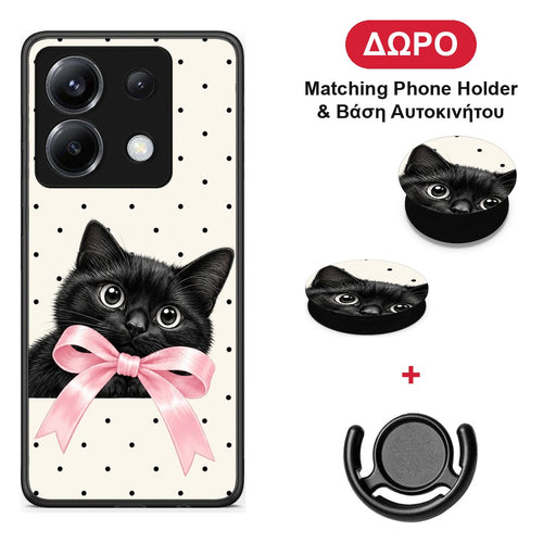 Black Kitten Pink Bow and Polka Dots - Xiaomi Poco X6 θήκη + Δώρο Phone Holder & Βάση Αυτοκινήτου