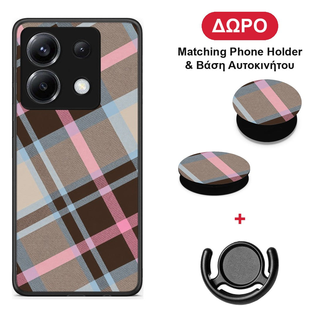 Brown Pink and Blue Diagonal Plaid - Xiaomi Poco X6 θήκη + Δώρο Phone Holder & Βάση Αυτοκινήτου