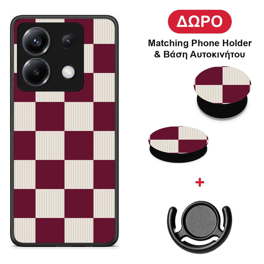 Burgundy and Cream Striped Checks - Xiaomi Poco X6 θήκη + Δώρο Phone Holder & Βάση Αυτοκινήτου