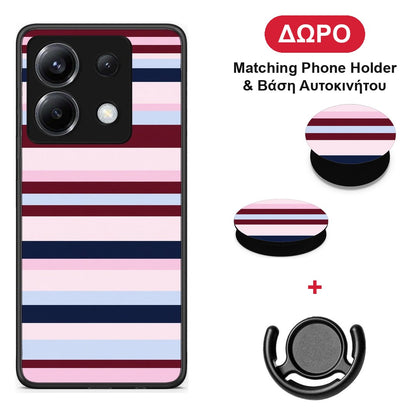 Burgundy Pink and Blue Horizontal Stripes - Xiaomi Poco X6 θήκη + Δώρο Phone Holder & Βάση Αυτοκινήτου