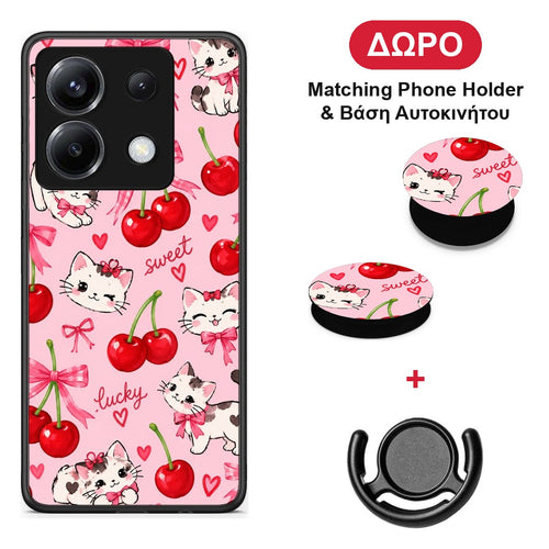 Cherries Bows and Kittens on Pink - Xiaomi Poco X6 θήκη + Δώρο Phone Holder & Βάση Αυτοκινήτου