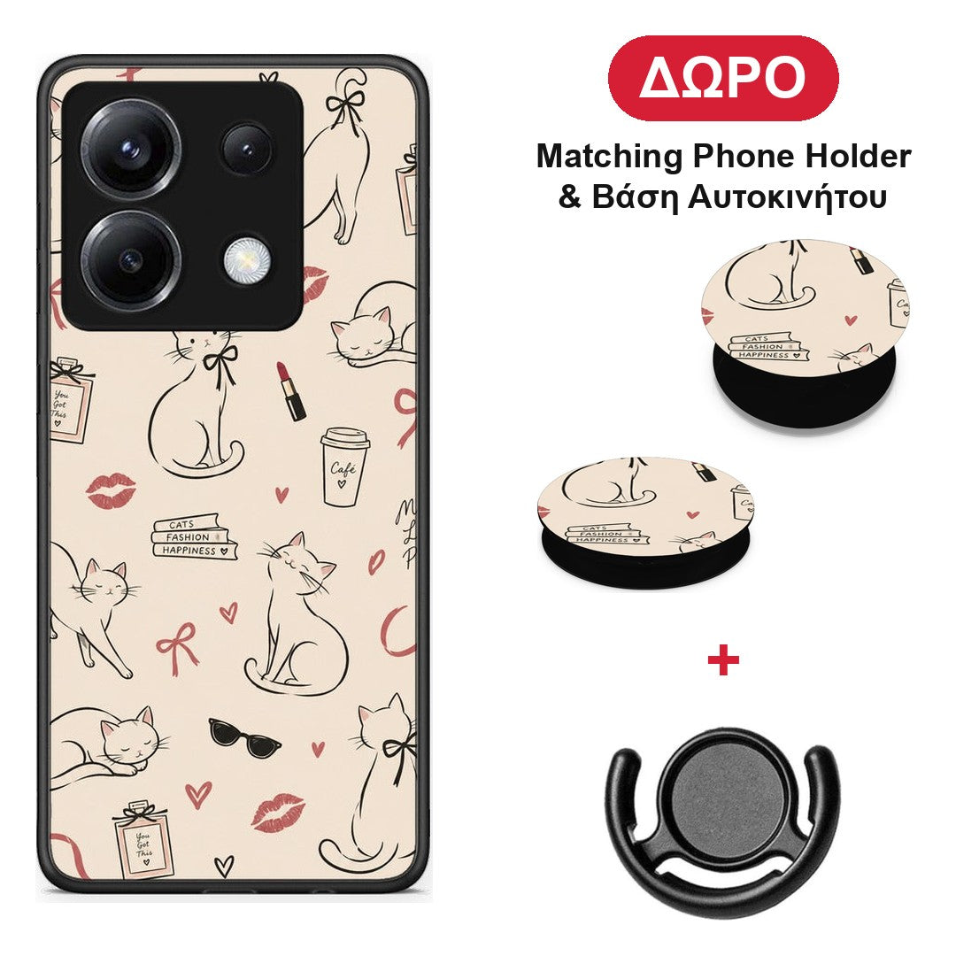 Minimal Cat and Fashion Doodles on Cream - Xiaomi Poco X6 θήκη + Δώρο Phone Holder & Βάση Αυτοκινήτου
