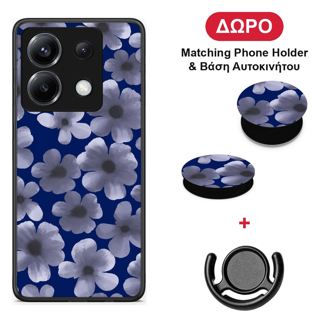 Pale Blue Flowers on Navy - Xiaomi Poco X6 θήκη + Δώρο Phone Holder & Βάση Αυτοκινήτου