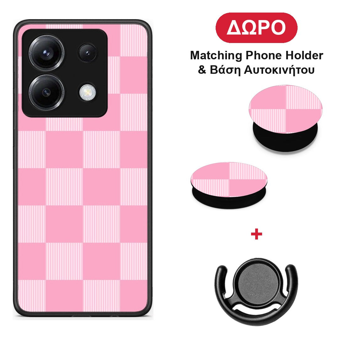 Pink and White Striped Checks - Xiaomi Poco X6 θήκη + Δώρο Phone Holder & Βάση Αυτοκινήτου