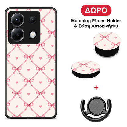Pink Bow Lattice and Hearts on Cream - Xiaomi Poco X6 θήκη + Δώρο Phone Holder & Βάση Αυτοκινήτου