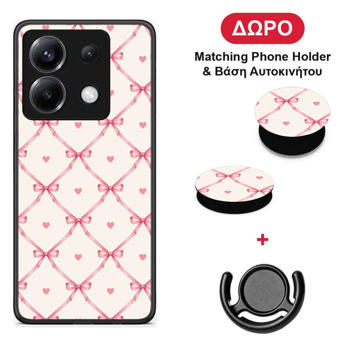 Pink Bow Lattice and Hearts on Cream - Xiaomi Poco X6 θήκη + Δώρο Phone Holder & Βάση Αυτοκινήτου