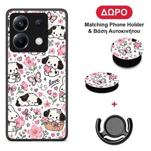 Pink Florals Puppies and Bunnies on White - Xiaomi Poco X6 θήκη + Δώρο Phone Holder & Βάση Αυτοκινήτου