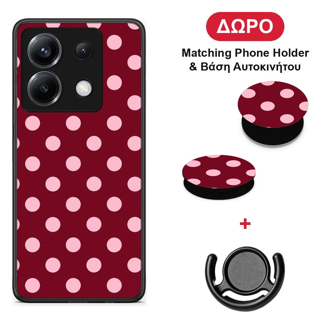 Pink Polka Dots on Burgundy - Xiaomi Poco X6 θήκη + Δώρο Phone Holder & Βάση Αυτοκινήτου