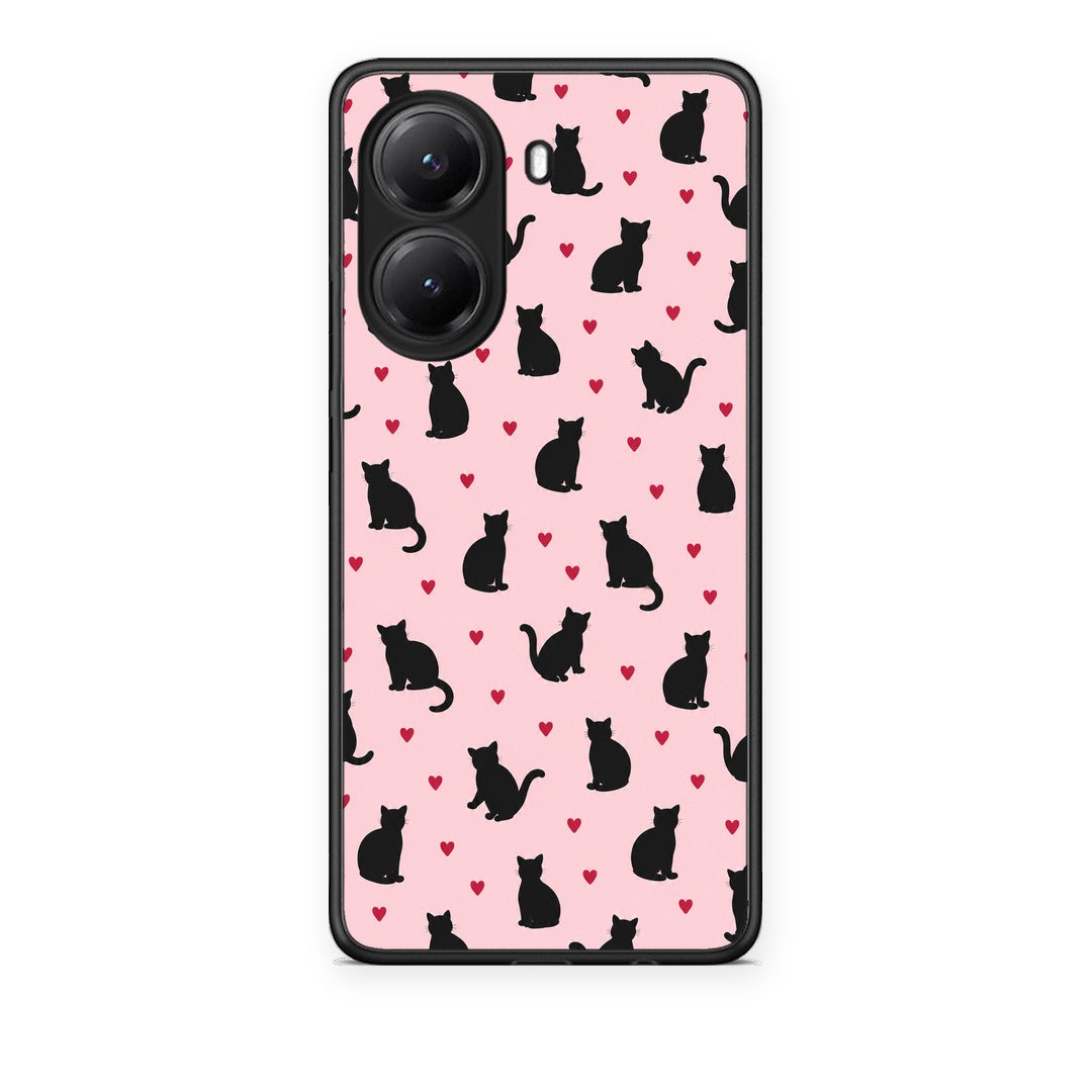 Θήκη Xiaomi Poco X7 Pro Black Cat Silhouettes and Hearts on Pink από τη Smartfits με σχέδιο στο πίσω μέρος και μαύρο περίβλημα | Xiaomi Poco X7 Pro Black Cat Silhouettes and Hearts on Pink case with colorful back and black bezels