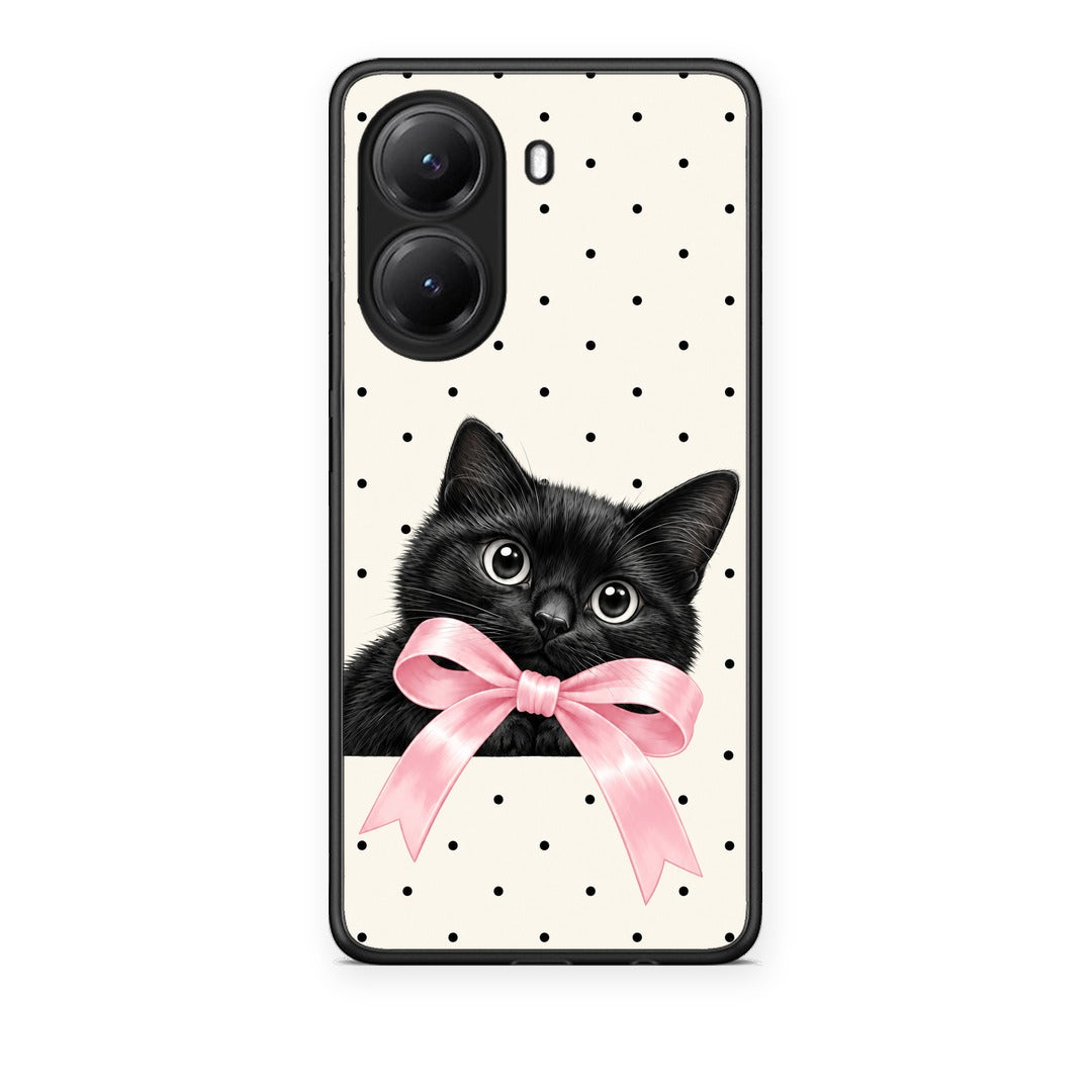 Θήκη Xiaomi Poco X7 Pro Black Kitten Pink Bow and Polka Dots από τη Smartfits με σχέδιο στο πίσω μέρος και μαύρο περίβλημα | Xiaomi Poco X7 Pro Black Kitten Pink Bow and Polka Dots case with colorful back and black bezels