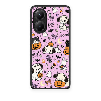 Θήκη Xiaomi Poco X7 Pro Halloween Puppies and Friends on Lilac από τη Smartfits με σχέδιο στο πίσω μέρος και μαύρο περίβλημα | Xiaomi Poco X7 Pro Halloween Puppies and Friends on Lilac case with colorful back and black bezels
