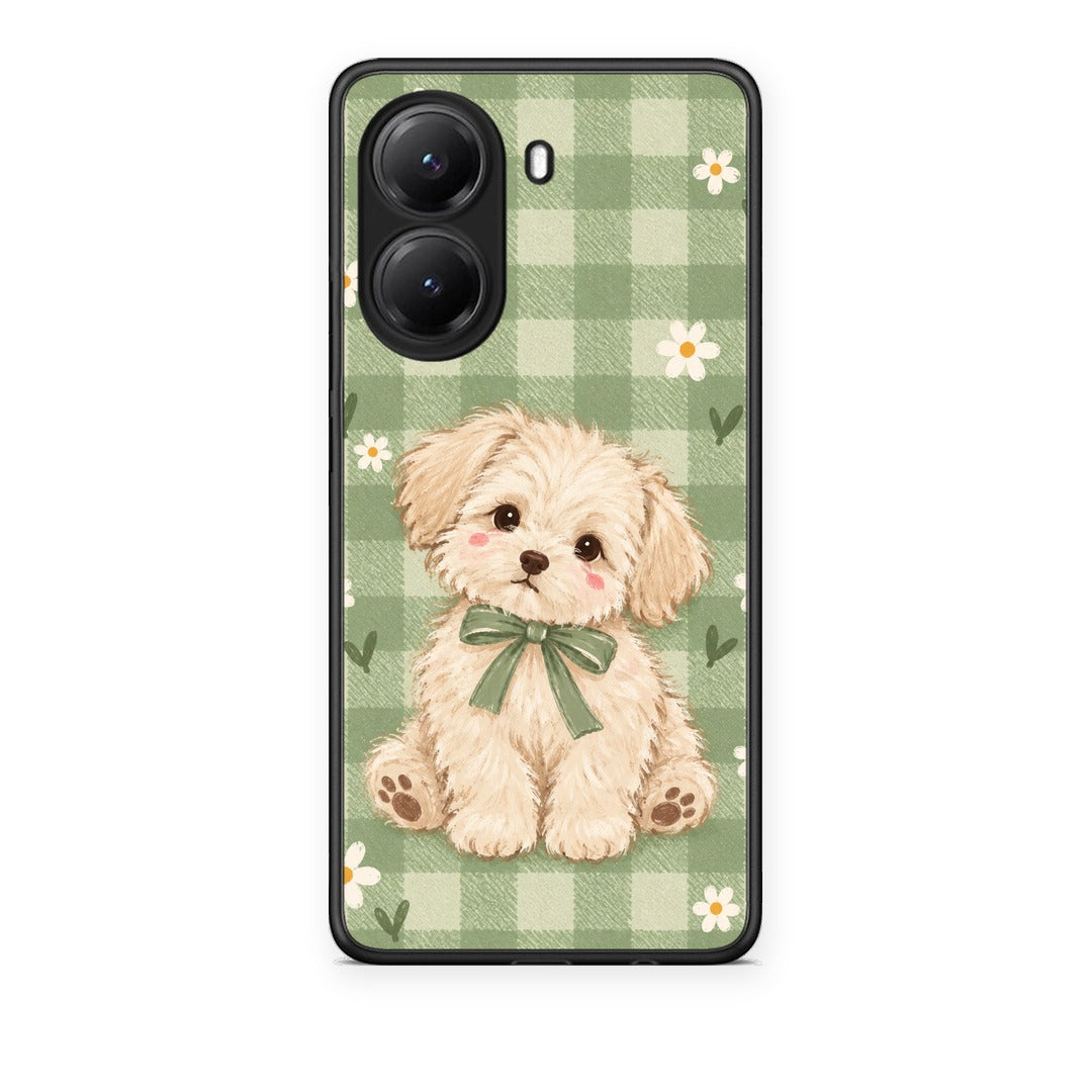 Θήκη Xiaomi Poco X7 Pro Puppy and Daisies on Sage Gingham από τη Smartfits με σχέδιο στο πίσω μέρος και μαύρο περίβλημα | Xiaomi Poco X7 Pro Puppy and Daisies on Sage Gingham case with colorful back and black bezels
