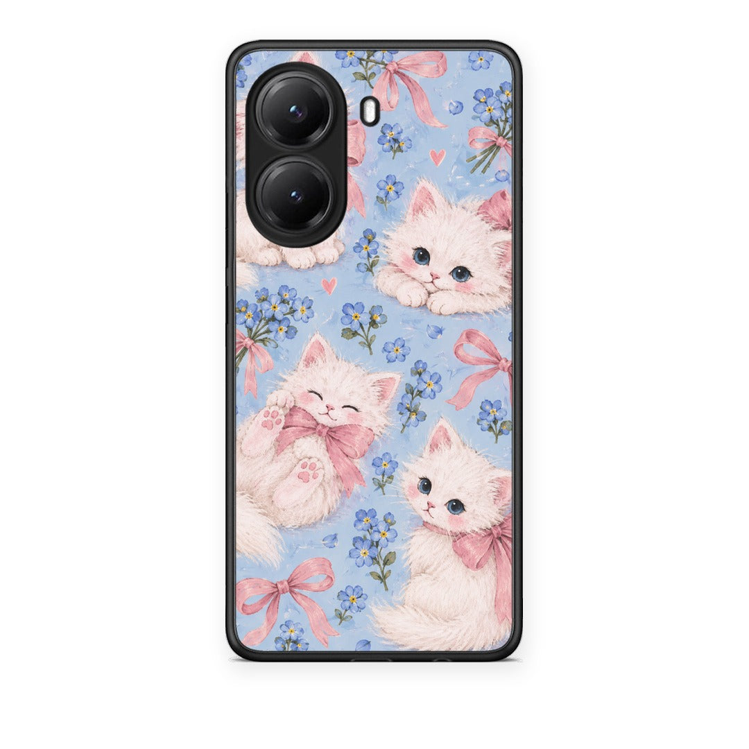 Θήκη Xiaomi Poco X7 Pro White Kittens and Blue Flowers Large από τη Smartfits με σχέδιο στο πίσω μέρος και μαύρο περίβλημα | Xiaomi Poco X7 Pro White Kittens and Blue Flowers Large case with colorful back and black bezels