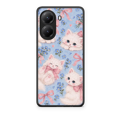 Θήκη Xiaomi Poco X7 Pro White Kittens and Blue Flowers Large από τη Smartfits με σχέδιο στο πίσω μέρος και μαύρο περίβλημα | Xiaomi Poco X7 Pro White Kittens and Blue Flowers Large case with colorful back and black bezels