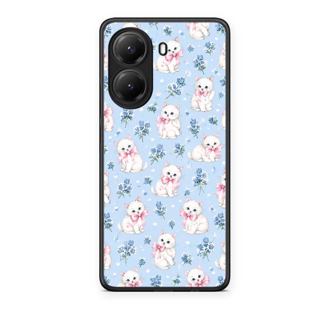 Θήκη Xiaomi Poco X7 Pro White Kittens and Blue Flowers Small από τη Smartfits με σχέδιο στο πίσω μέρος και μαύρο περίβλημα | Xiaomi Poco X7 Pro White Kittens and Blue Flowers Small case with colorful back and black bezels