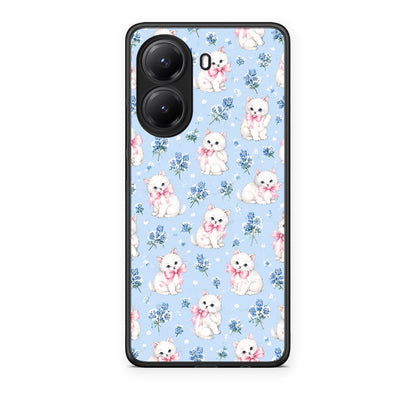 Θήκη Xiaomi Poco X7 Pro White Kittens and Blue Flowers Small από τη Smartfits με σχέδιο στο πίσω μέρος και μαύρο περίβλημα | Xiaomi Poco X7 Pro White Kittens and Blue Flowers Small case with colorful back and black bezels
