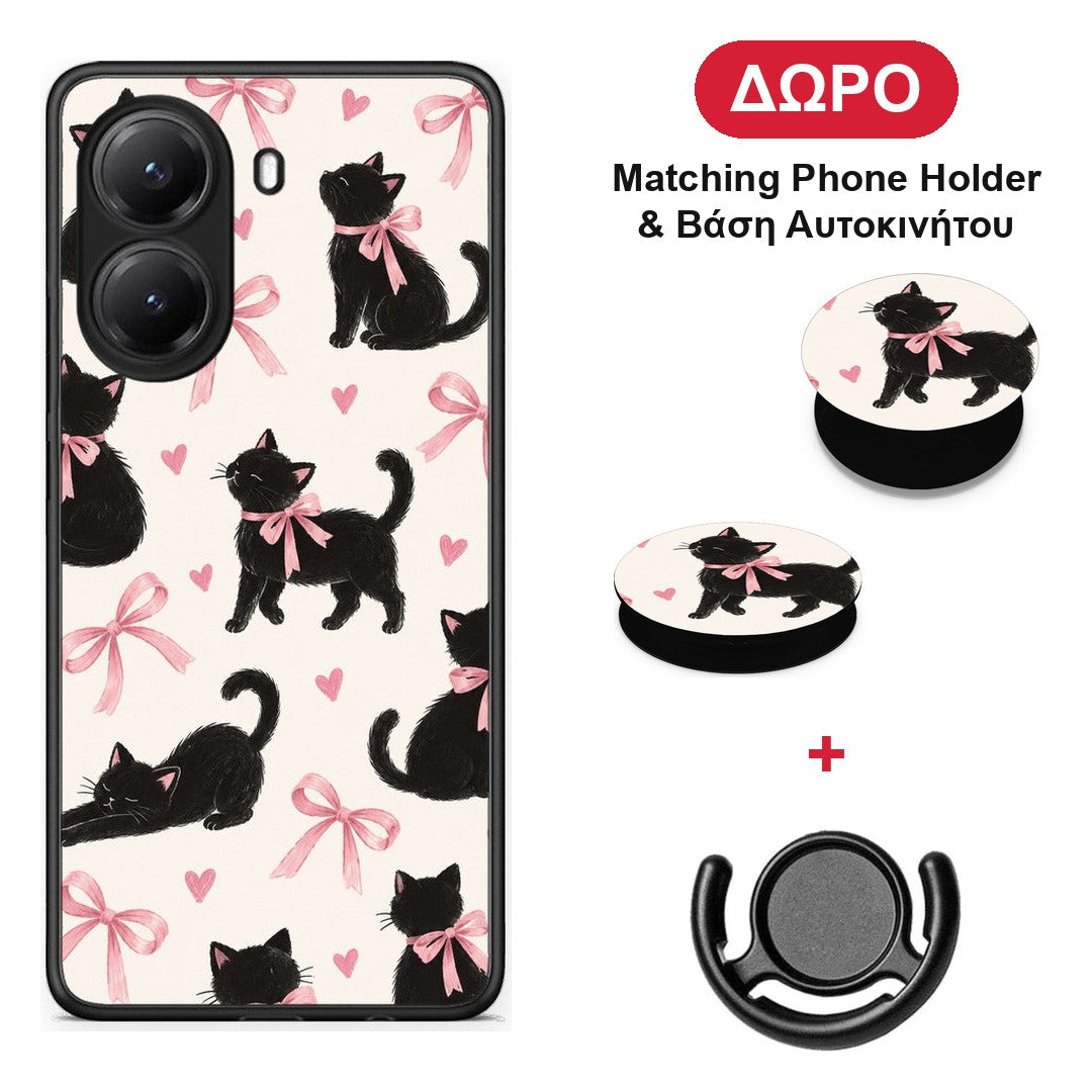 Black Kittens and Pink Bows on Cream Large - Xiaomi Poco X7 Pro θήκη + Δώρο Phone Holder & Βάση Αυτοκινήτου