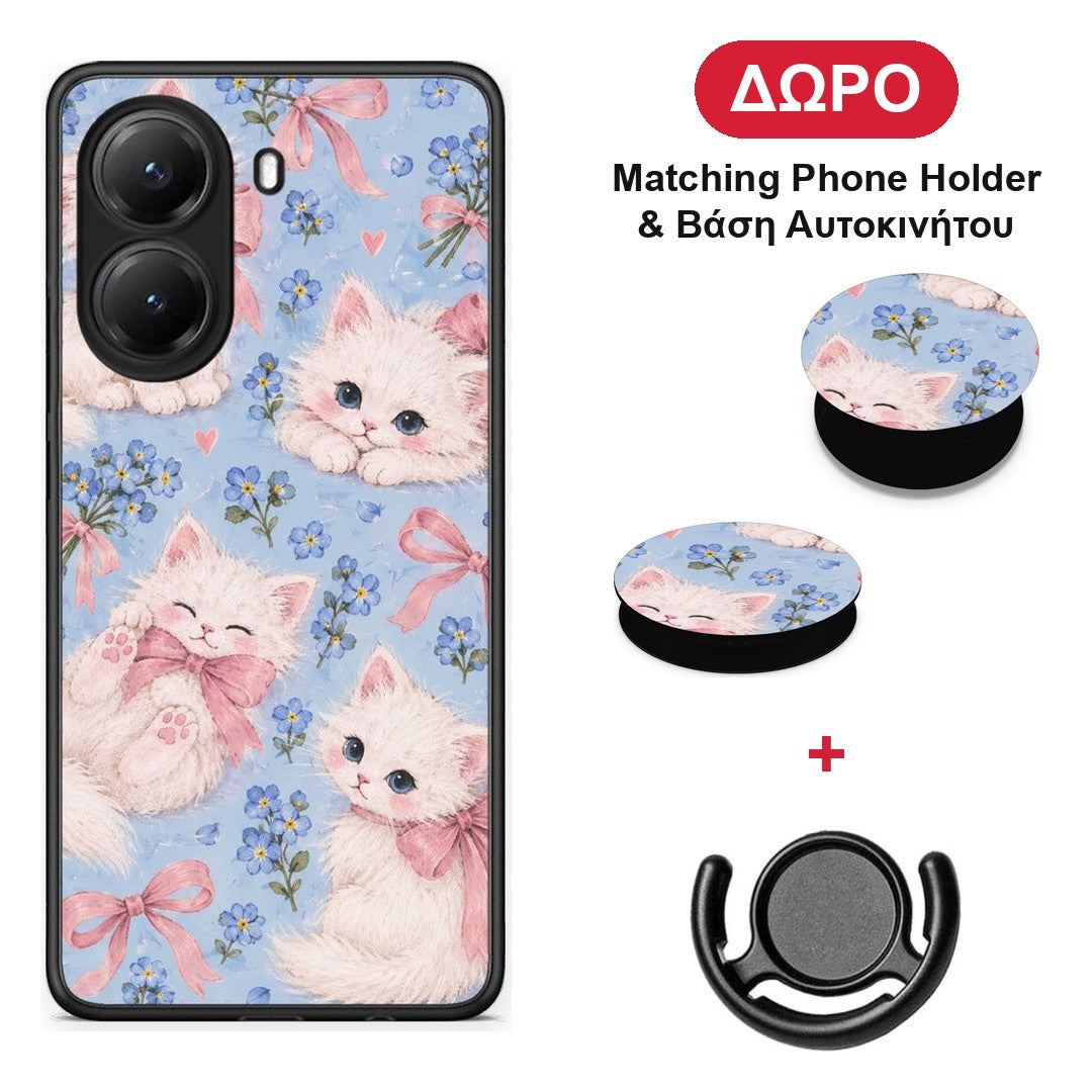 White Kittens and Blue Flowers Large - Xiaomi Poco X7 Pro θήκη + Δώρο Phone Holder & Βάση Αυτοκινήτου