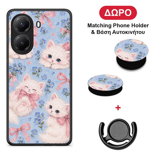 White Kittens and Blue Flowers Large - Xiaomi Poco X7 Pro θήκη + Δώρο Phone Holder & Βάση Αυτοκινήτου