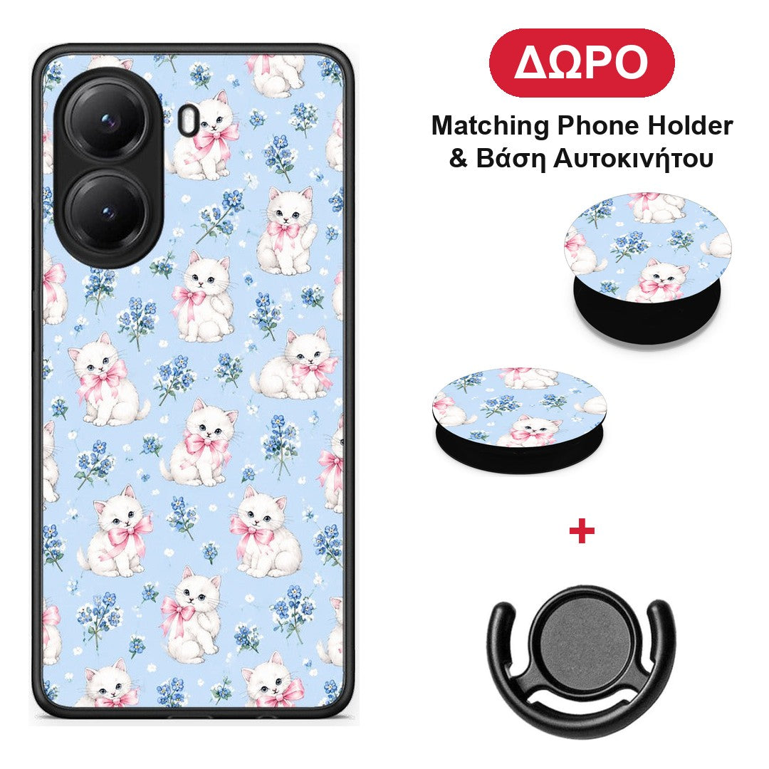 White Kittens and Blue Flowers Small - Xiaomi Poco X7 Pro θήκη + Δώρο Phone Holder & Βάση Αυτοκινήτου
