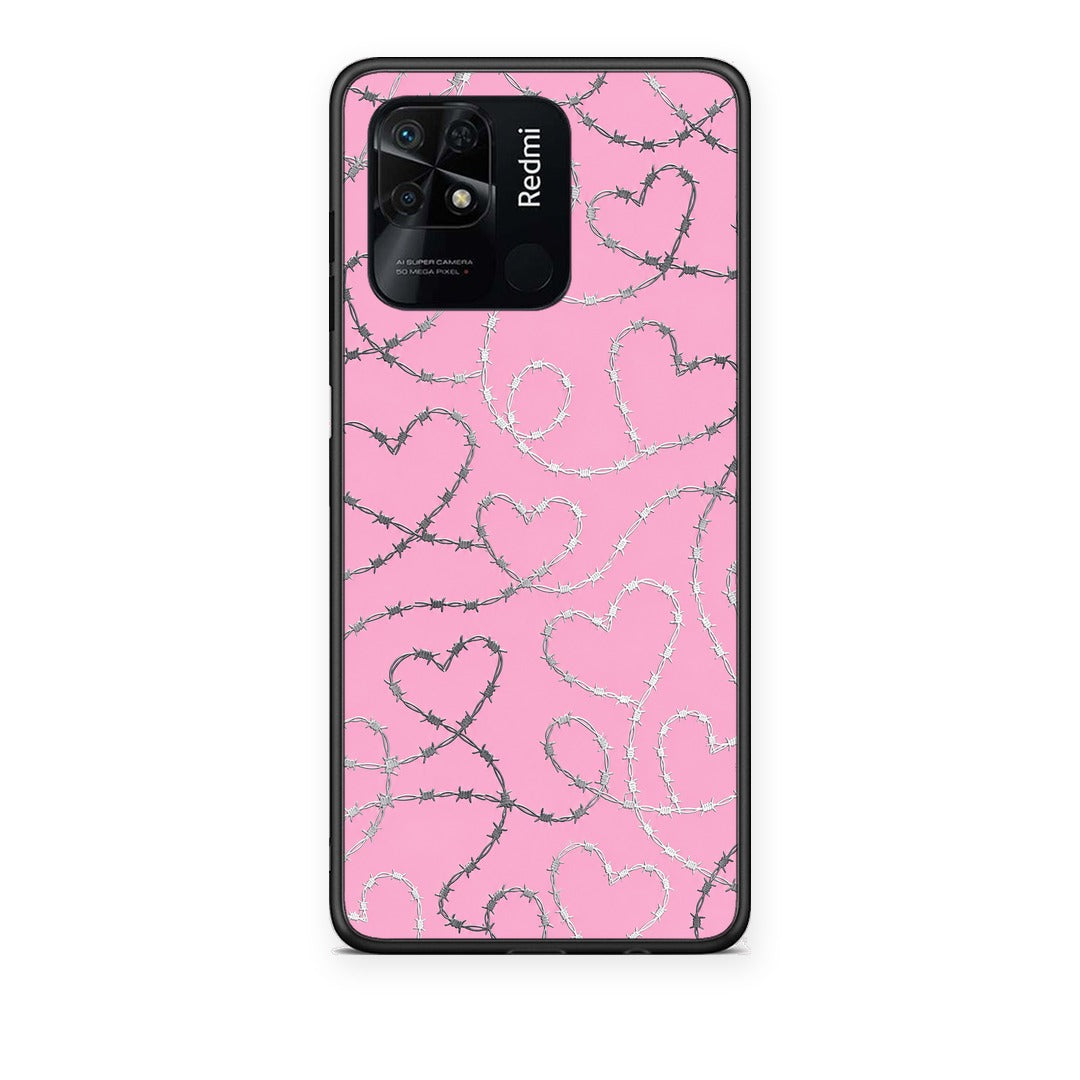 Θήκη Xiaomi Redmi 10C Barbed Wire Hearts on Pink από τη Smartfits με σχέδιο στο πίσω μέρος και μαύρο περίβλημα | Xiaomi Redmi 10C Barbed Wire Hearts on Pink case with colorful back and black bezels