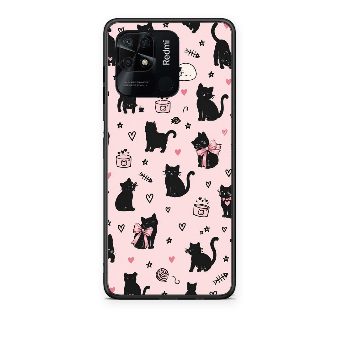 Θήκη Xiaomi Redmi 10C Black Cat Doodles on Pink από τη Smartfits με σχέδιο στο πίσω μέρος και μαύρο περίβλημα | Xiaomi Redmi 10C Black Cat Doodles on Pink case with colorful back and black bezels