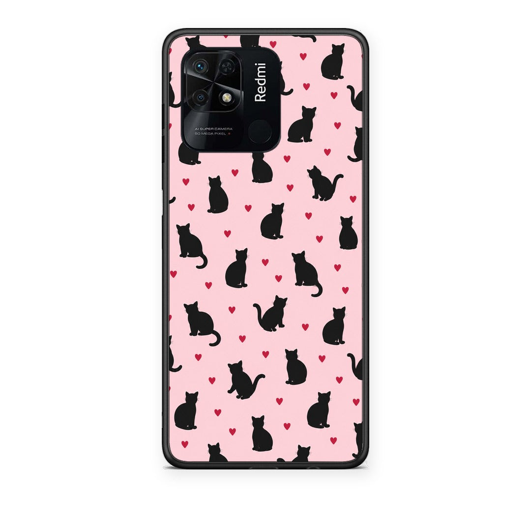Θήκη Xiaomi Redmi 10C Black Cat Silhouettes and Hearts on Pink από τη Smartfits με σχέδιο στο πίσω μέρος και μαύρο περίβλημα | Xiaomi Redmi 10C Black Cat Silhouettes and Hearts on Pink case with colorful back and black bezels