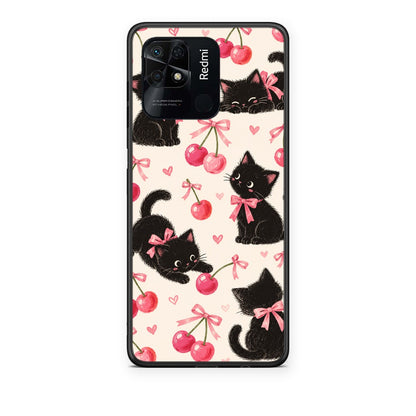 Θήκη Xiaomi Redmi 10C Black Kittens and Cherries on Cream από τη Smartfits με σχέδιο στο πίσω μέρος και μαύρο περίβλημα | Xiaomi Redmi 10C Black Kittens and Cherries on Cream case with colorful back and black bezels