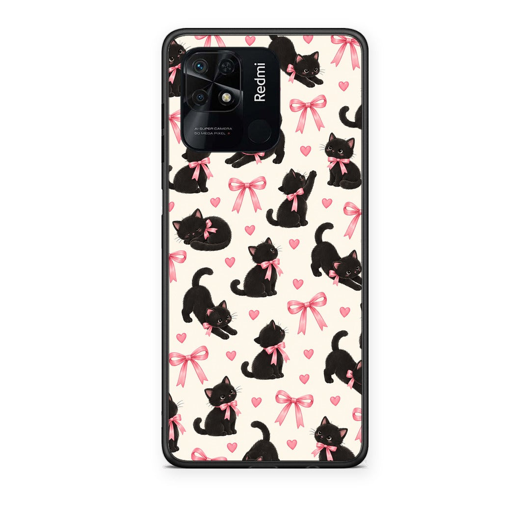 Θήκη Xiaomi Redmi 10C Black Kittens and Pink Bows on Cream Small από τη Smartfits με σχέδιο στο πίσω μέρος και μαύρο περίβλημα | Xiaomi Redmi 10C Black Kittens and Pink Bows on Cream Small case with colorful back and black bezels