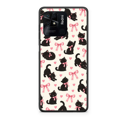 Θήκη Xiaomi Redmi 10C Black Kittens and Pink Bows on Cream Small από τη Smartfits με σχέδιο στο πίσω μέρος και μαύρο περίβλημα | Xiaomi Redmi 10C Black Kittens and Pink Bows on Cream Small case with colorful back and black bezels