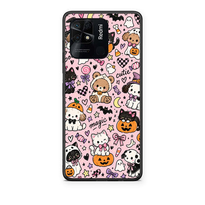 Θήκη Xiaomi Redmi 10C Halloween Cute Animals on Pink από τη Smartfits με σχέδιο στο πίσω μέρος και μαύρο περίβλημα | Xiaomi Redmi 10C Halloween Cute Animals on Pink case with colorful back and black bezels